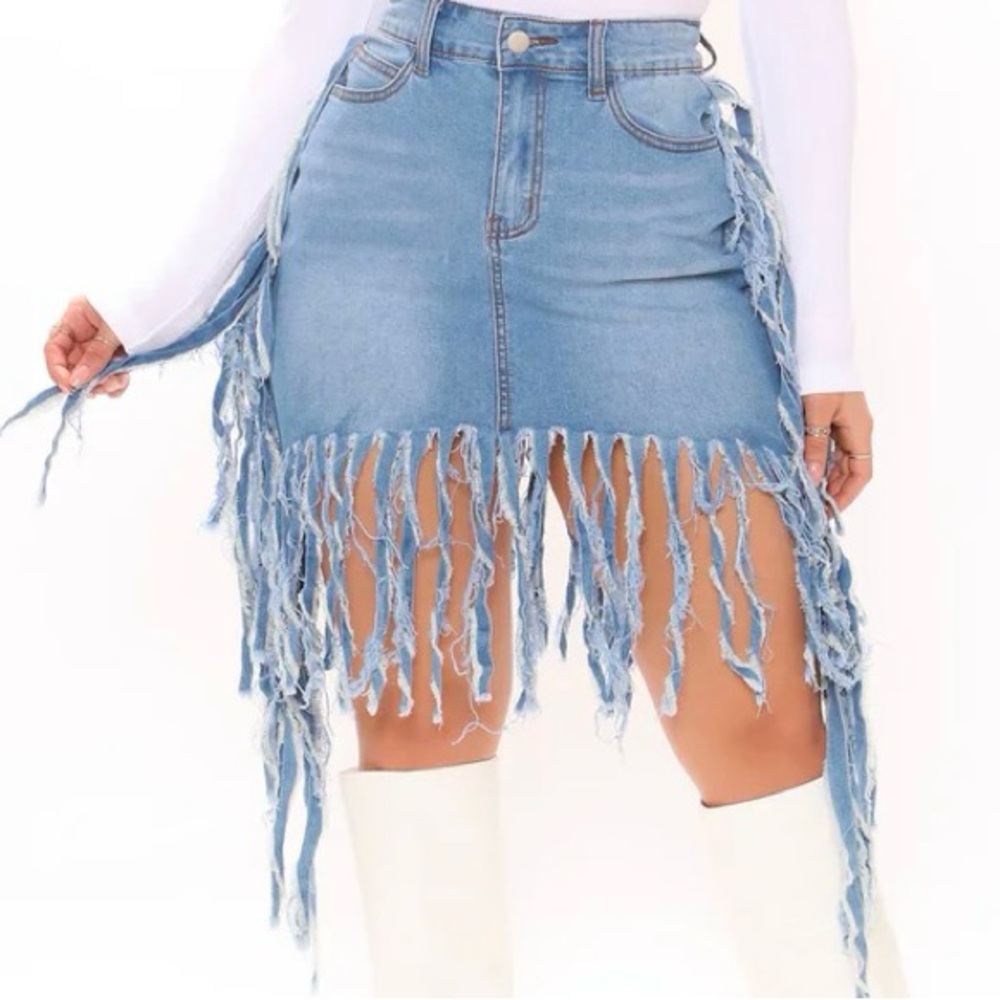 FashionNova Denim Skirt with Fringe (Never Worn)